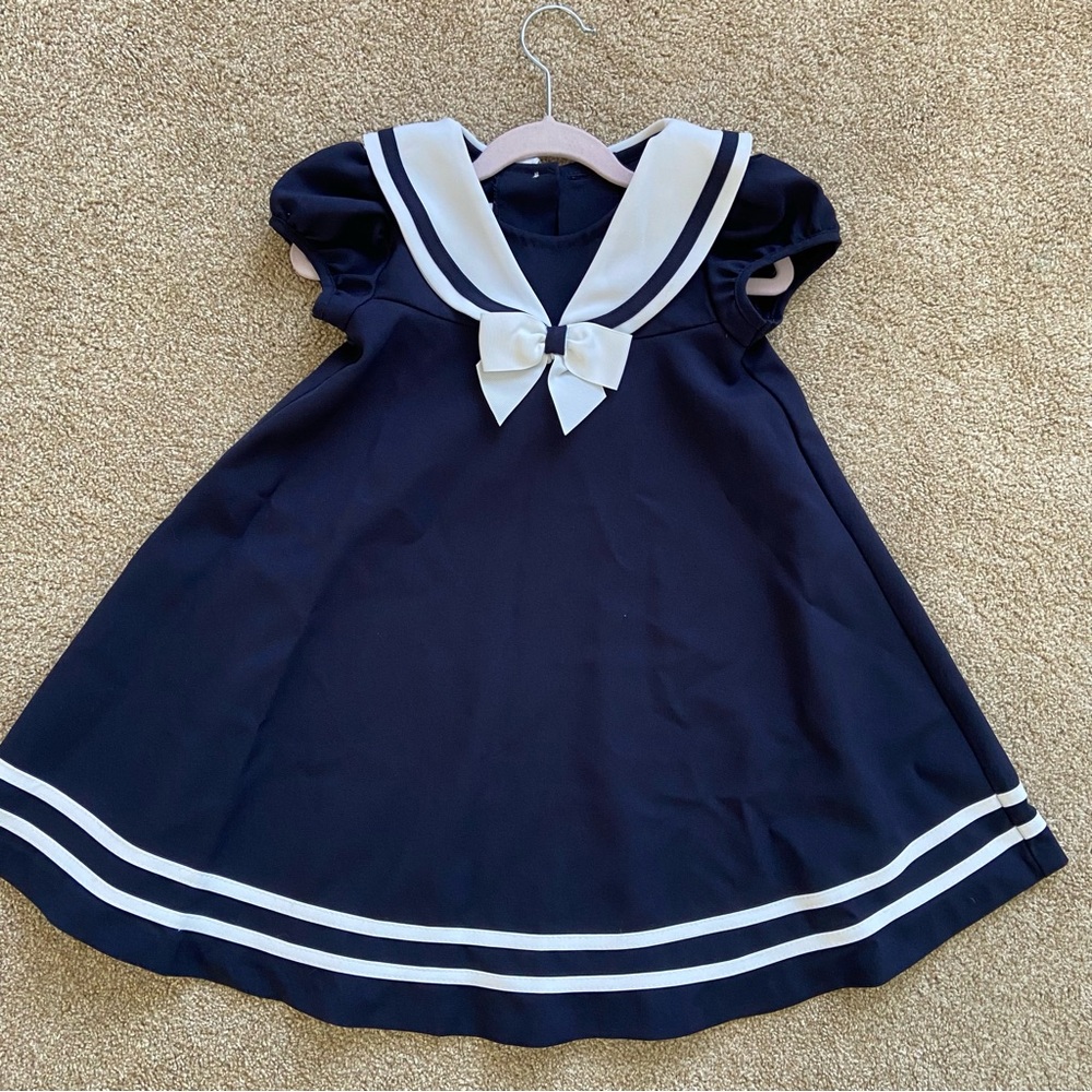 Bonnie Jean Girls Navy Sailor Dress White Trim Bow Cap Sleeve Size 4T